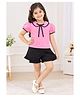 M'andy Poplin Woven Half Puffed Sleeves Bow Applique Detailed Top & Skorts Set - Pink & Black