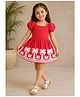M'andy Crinkled Crepe Woven Half Puffed Sleeves Palm Trees Embroidered Dress - Red