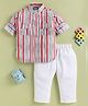 TINY TUX Cotton Linen Knit Full Sleeves Striped Kurta & Pajama Set - White Red & Blue