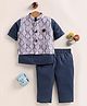 TINY TUX Satin Knit Full Sleeves Solid Kurta Pyjama With Abstract Printed Jacket - Grey & Blue