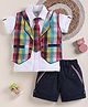 TINY TUX Cotton Knit Half Sleeves Solid Shirt & Shorts With Checked Jacket - White