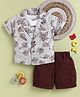 TINY TUX Cotton Knit Half Sleeves Leaves Printed Jacket & Shorts Set With Tee - Maroon