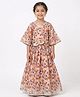 House of Raavi Cotton Woven Three Fourth Bell Sleeves Floral Printed Coordinating Top & Skirt Set - Brown
