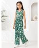 House of Raavi Cotton Woven Sleeveless Floral Printed Coordinating Waistcoat Style Top & Pants Set - Green