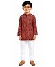 House of Raavi Cotton Woven Full Sleeves Geometric Printed Kurta Pyjama Set - Red