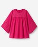 Arias 100% Cotton Woven Top with Full, Bell Sleeve and Eyelet Embroidery and cut and sew in Pink
