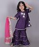 Lil' Drama Viscose Rayon Knit Half Sleeves Floral Embroidered Lace Embellished Kurti & Sharara With Dupatta Set - Purple