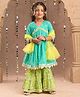 Lil' Drama Cotton Knit Three Fourth Sleeves Floral Printed Lace Embellished Kurti & Sharara With Dupatta Set - Green & Blue