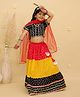 Junitos Cotton Woven Half Sleeves Bandhani Printed & Lace Embellished Lehenga Choli With Dupatta & Dandiya Set - Black