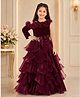 Tiny Kingdom Satin Woven One Shoulder Stone Embellished Floral Applique & Ruffle Detailed Layered Gown - Maroon