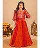 Tiny Kingdom Woven Three Fourth Balloon Sleeves Damask Foil Printed Top & Skirt Set - Orange