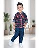 CRUNCHY NACHOS Cotton Lycra Woven Full Sleeves Checked Hooded Shirt & Pants Jeans Set - Red & Blue