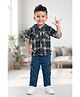 CRUNCHY NACHOS Cotton Lycra Woven Full Sleeves Checked Hooded Shirt & Pants Jeans Set - Green & Blue
