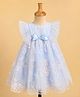 Babyhug Mesh Woven Ruffle Sleeves Party Dress With All Over Embroidery and Matching Bow Applique Light Blue