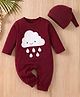 Merope Cotton Blend Knit Half Sleeves Cloud Patch Detailed Romper With Cap - Maroon