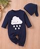 Merope Cotton Blend Knit Half Sleeves Cloud Patch Detailed Romper With Cap - Navy Blue