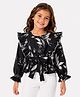 CrayonFlakes Knit Frilled Full Sleeves Top With Floral Print -Black