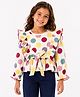 CrayonFlakes Knit Top with Full Sleeves and Frill Details with Polka Dots Print - Off White