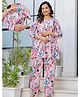 CeleBravo Cotton Blend Woven Three Fourth Sleeves Floral Printed Coordinating Maternity Kurti & Pants With Side Zipper Nursing Access - Peach