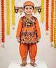 KID1 Navaratri Theme Full Sleeves Kutch Style Embroidered Kedia Kurta Dhoti With Cap Costume Set - Orange