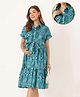 Zelena 100% Cotton Knit Half Sleeves Abstract Printed Dress With Front Open Nursing Access -Teal Blue
