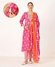 Zelena 100% Cotton Knit Three Fourth Sleeves Abstract Printed Kurti Pant & Dupatta Set With Side Seam Nursing Access - Pink