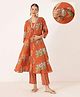 Zelena 100% Cotton Knit Three Fourth Sleeves Floral Printed Kurti & Pant Set With Side Seam Nursing Access - Rust Orange
