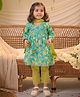 Polka Tots Cotton Woven Three Fourth Sleeves Floral Printed Lace Embellished Kurti & Pant With Dupatta Set - Green