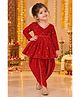 Titrit Velvet Woven Full Sleeves Floral Embroidered & Lace Embellished Kurti & Dhoti Set - Red