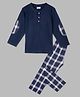 Sheer Love Cotton Jersey Knit Full Sleeves Checked Patch Detailed Tee & Pajama Night Suit - Navy Blue
