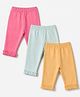 Zero Cotton Interlock Knit Full Length Solid Leggings with Frill Details Pack of 3 - Pink, Light Orange & Sea Green