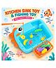 Elecart 2-in-1 Kitchen Sink Toy Fishing Game for Kids Dino Pretend Play Kitchen Set with Working Sink, Fishing Rod, Fruits, Vegetables & Utensils, Interactive Educational Role Play Toy for Kids