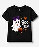 FASHIONOY Cotton Knit Halloween Theme Half Sleeves Boo Crew Text Printed Tee - Black
