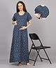 Mamma's Maternity Cotton Rayon Woven Half Sleeves Floral Printed Nighty With Side Seam Nursing Access - Dark Blue