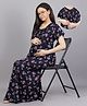 Mamma's Maternity Cotton Rayon Woven Half Sleeves Floral Printed Nighty With Side Seam Nursing Access - Navy Blue