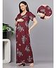 Mamma's Maternity Cotton Rayon Woven Half Sleeves Floral Printed Nighty With Side Seam Nursing Access - Maroon