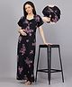 Mamma's Maternity Cotton Rayon Woven Half Sleeves Floral Printed Nighty With Side Seam Nursing Access - Black