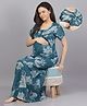 Mamma's Maternity Cotton Rayon Woven Half Sleeves Floral Printed Nighty With Side Seam Nursing Access - Teal Blue