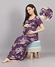 Mamma's Maternity Cotton Rayon Woven Half Sleeves Floral Printed Nighty With Side Seam Nursing Access - Purple