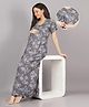 Mamma's Maternity Cotton Rayon Woven Half Sleeves Floral Printed Nighty With Side Seam Nursing Access - Grey