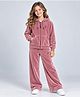 Plum Tree Velour Knit Full Sleeves Crown Embroidered Winter Hooded Jacket & Pants Set - Rose Gold