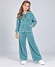Plum Tree Velour Knit Full Sleeves Crown Embroidered Winter Hooded Jacket & Pants Set - Teal Blue