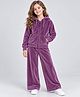 Plum Tree Velour Knit Full Sleeves Crown Embroidered Winter Hooded Jacket & Pants Set - Purple