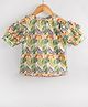 Hugsntugs Cotton Woven Half Cold Shoulder Sleeves Tropical Theme Printed & Frill Detailed Top - Green