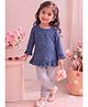 Mars Infiniti Cotton Knit Full Peasant Sleeves Leaves Printed & Frill Detailed Top & Joggers Set - Blue