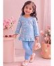 Mars Infiniti Cotton Knit Full Peasant Sleeves Rainbow Printed & Frill Detailed Top & Joggers Set - Light Blue