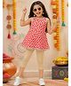 Kiddopanti Cotton Knit Sleeveless Floral Printed Lace Embellished Kurti & Capri Leggings Set - Red White & Skin
