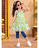 Kiddopanti Cotton Knit Sleeveless Floral Printed Lace Embellished Kurti & Capri Leggings Set - Yellow & Royal Blue