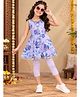 Kiddopanti Cotton Knit Sleeveless Floral Printed Lace Embellished Kurti & Capri Leggings Set - Sky Blue Pink & Lilac