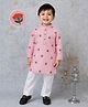 LITTLE COLLARS Blended Woven Full Sleeves Floral Embroidered Kurta & Pyjama Set - Pink